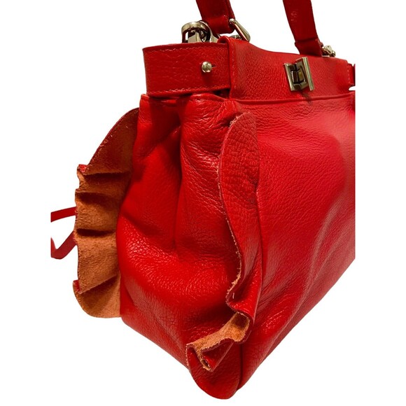 Borse in Pelle Handbag Shoulder Bag Satchel Red Pebbled Genuine Leather Italy - Picture 5 of 12